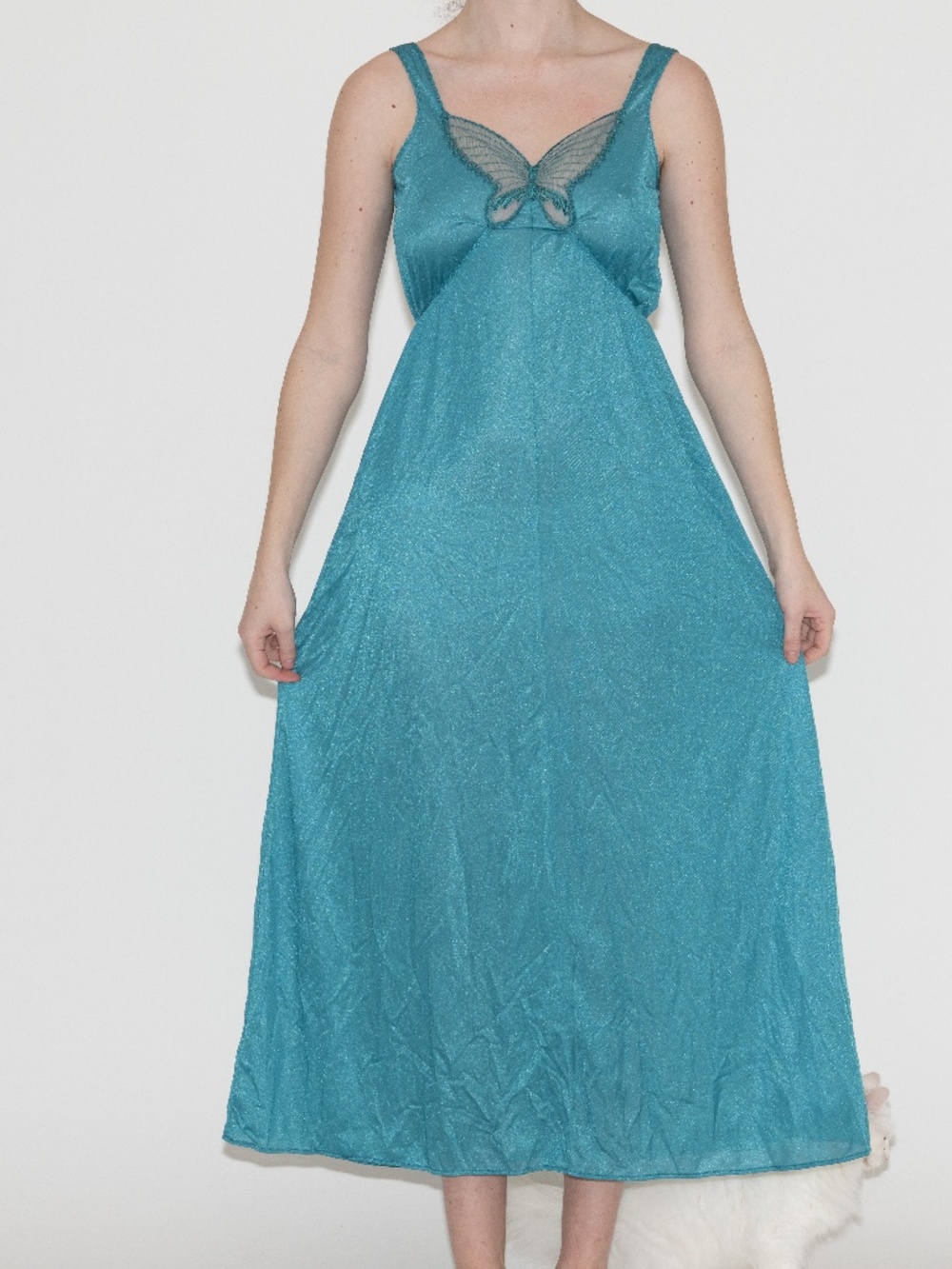Vintage butterfly front slip dress green maxi length size medium nylon